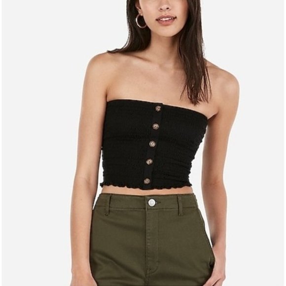 Express Tops - Express Button Front Smocked Cropped Tube Top S